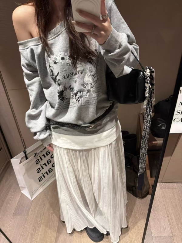 入秋一字領印花衛衣排扣長褲套裝