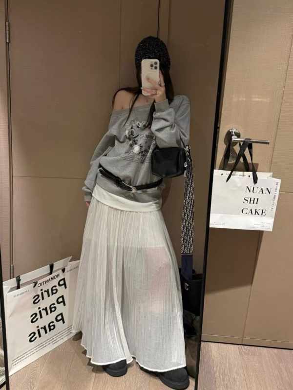 入秋一字領印花衛衣排扣長褲套裝