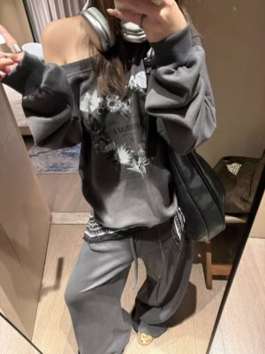 入秋一字領印花衛衣排扣長褲套裝