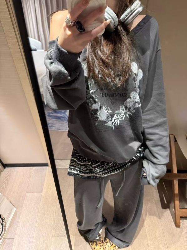 入秋一字領印花衛衣排扣長褲套裝