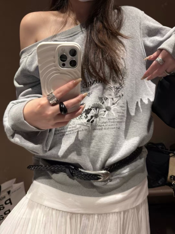 入秋一字領印花衛衣排扣長褲套裝