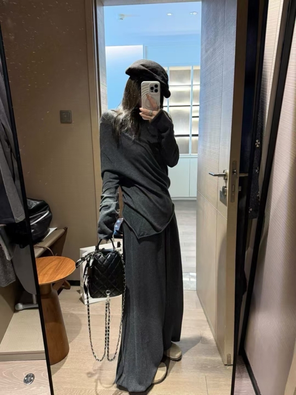 秋款不規則上衣羊毛燈籠褲針織2件套裝