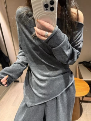 秋款不規則上衣羊毛燈籠褲針織2件套裝