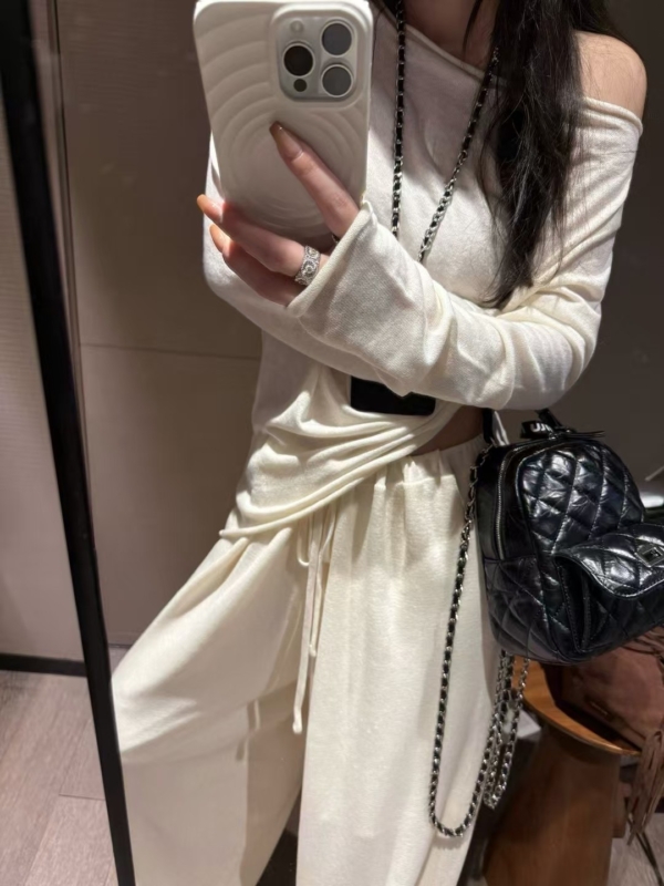 秋款不規則上衣羊毛燈籠褲針織2件套裝