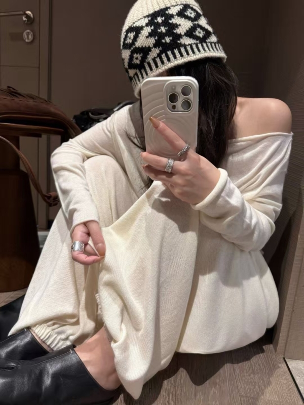 秋款不規則上衣羊毛燈籠褲針織2件套裝