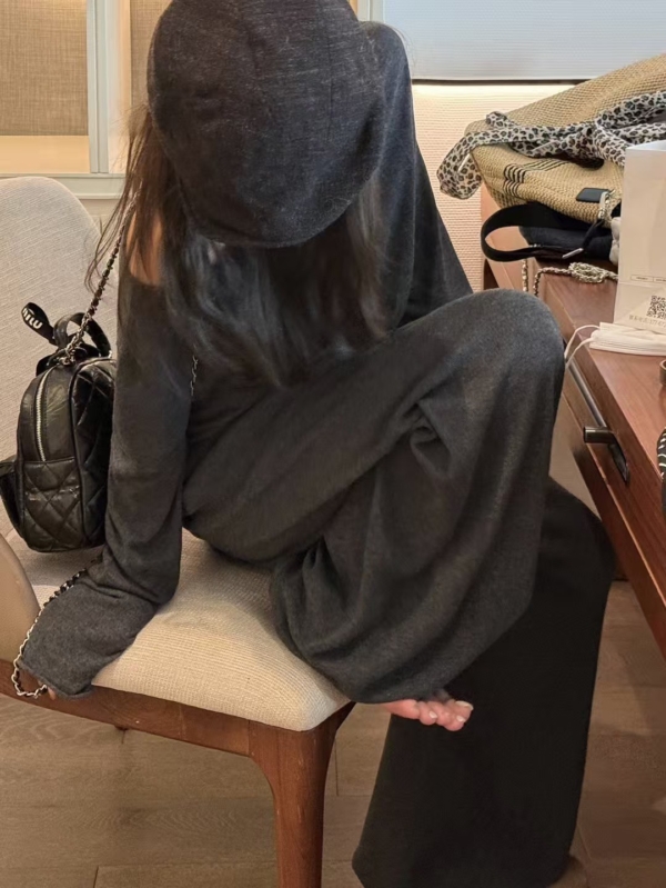 秋款不規則上衣羊毛燈籠褲針織2件套裝