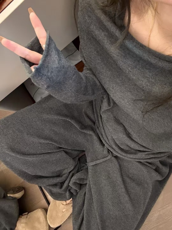 秋款不規則上衣羊毛燈籠褲針織2件套裝