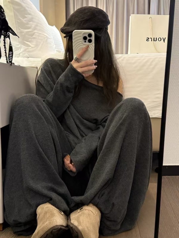 秋款不規則上衣羊毛燈籠褲針織2件套裝