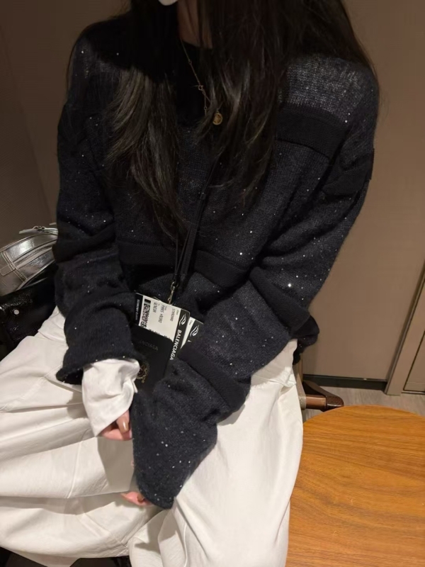 麻花亮片假兩件馬海毛衣