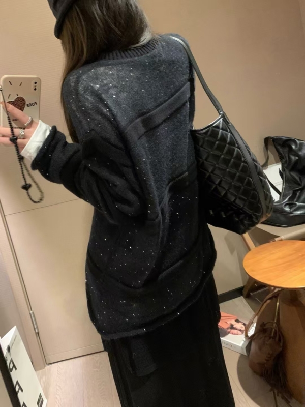 麻花亮片假兩件馬海毛衣