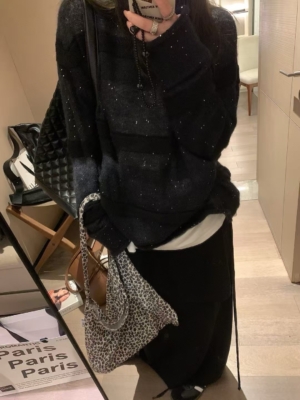 麻花亮片假兩件馬海毛衣