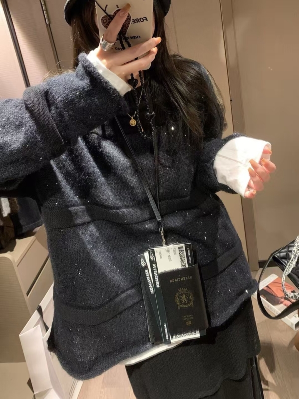 麻花亮片假兩件馬海毛衣