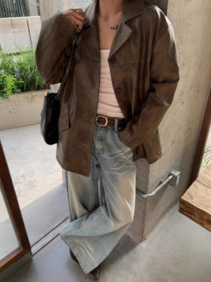 渲染做舊感復古做舊寬鬆皮衣外套