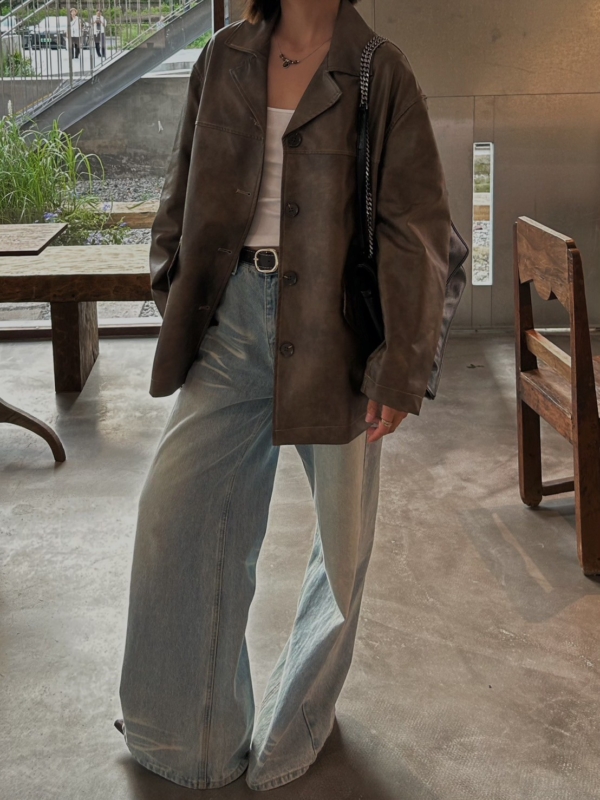 渲染做舊感復古做舊寬鬆皮衣外套