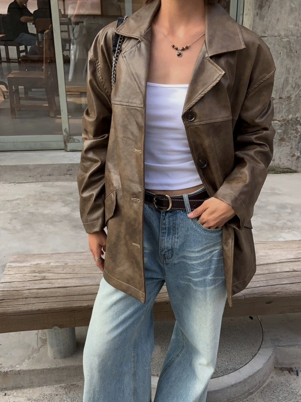 渲染做舊感復古做舊寬鬆皮衣外套