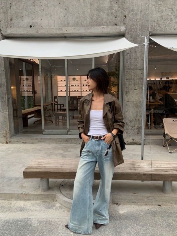 渲染做舊感復古做舊寬鬆皮衣外套