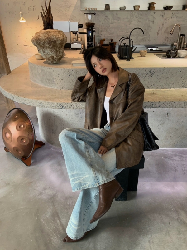 渲染做舊感復古做舊寬鬆皮衣外套