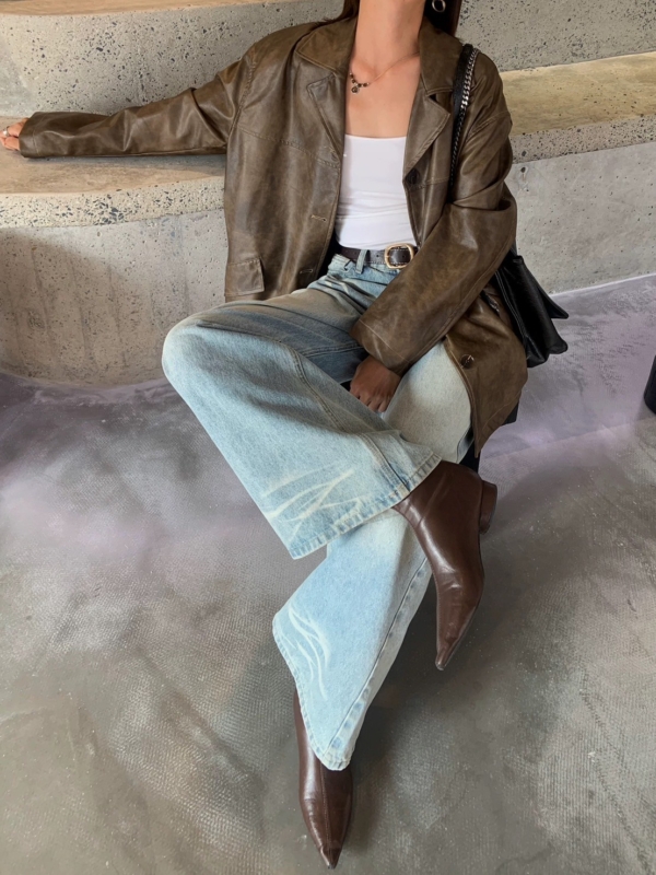 渲染做舊感復古做舊寬鬆皮衣外套