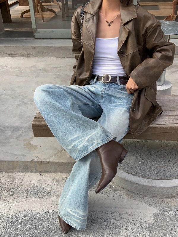 渲染做舊感復古做舊寬鬆皮衣外套