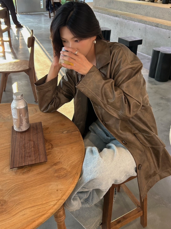 渲染做舊感復古做舊寬鬆皮衣外套