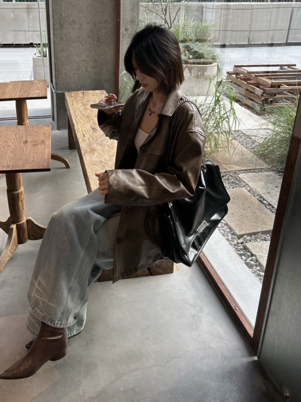 渲染做舊感復古做舊寬鬆皮衣外套