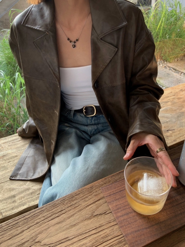 渲染做舊感復古做舊寬鬆皮衣外套