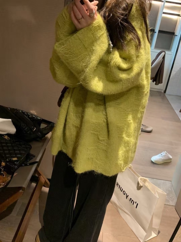 羊毛12%暗格長袖寬鬆毛衣