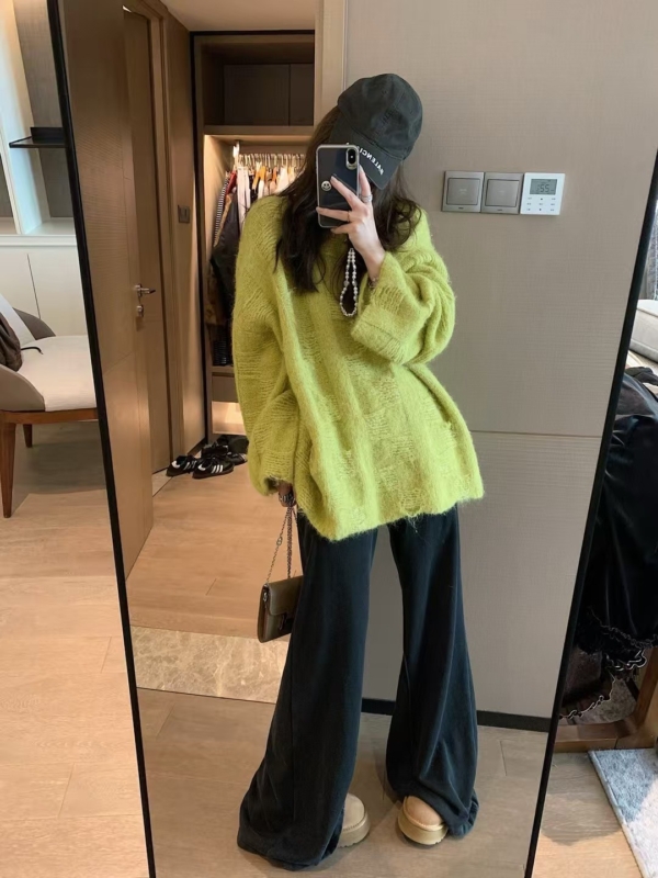 羊毛12%暗格長袖寬鬆毛衣