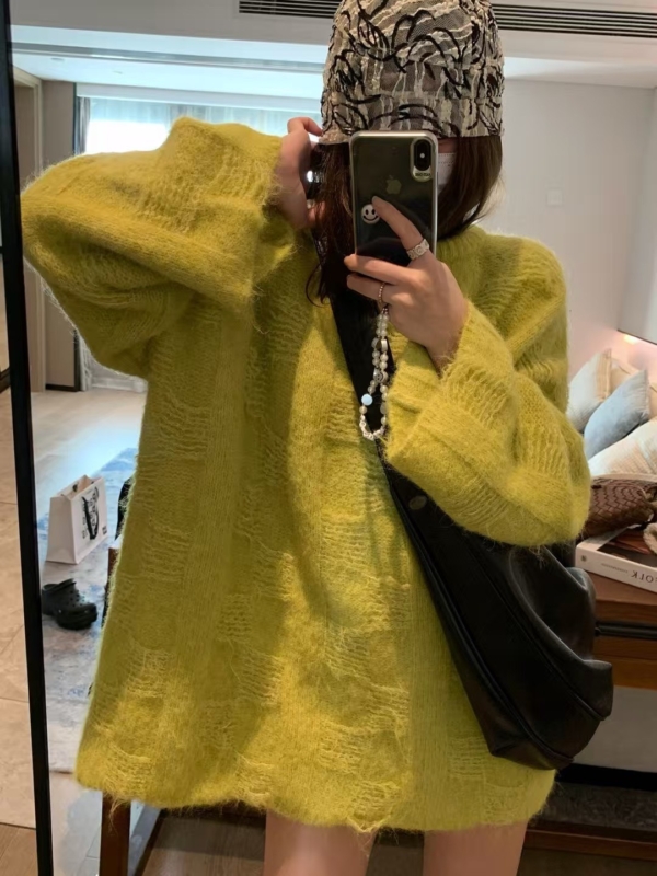 羊毛12%暗格長袖寬鬆毛衣