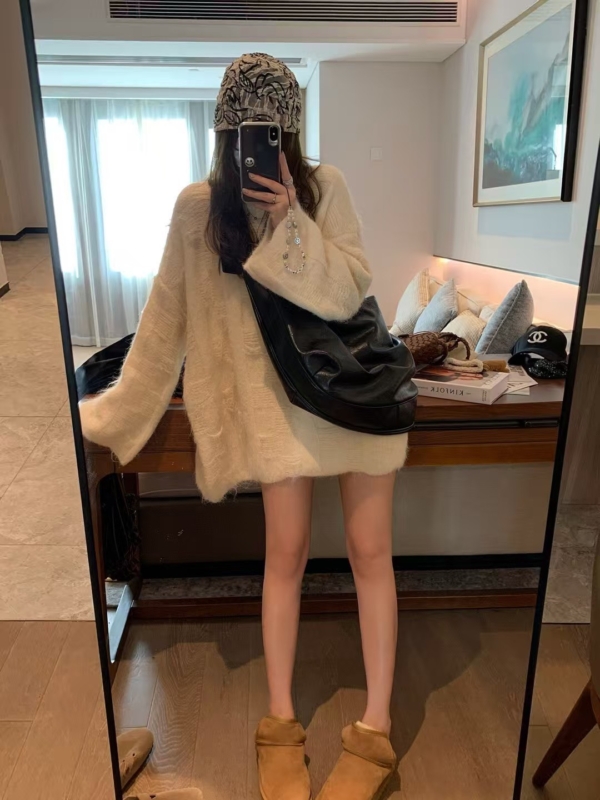 羊毛12%暗格長袖寬鬆毛衣