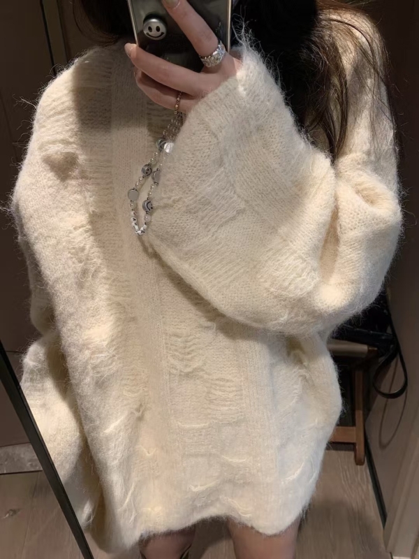 羊毛12%暗格長袖寬鬆毛衣