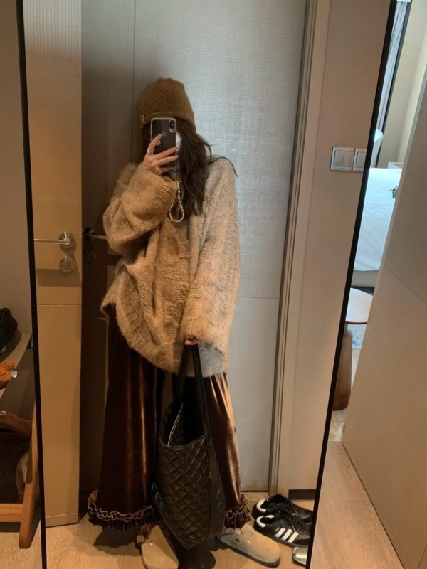 羊毛12%暗格長袖寬鬆毛衣