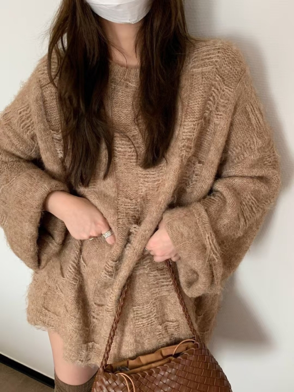 羊毛12%暗格長袖寬鬆毛衣