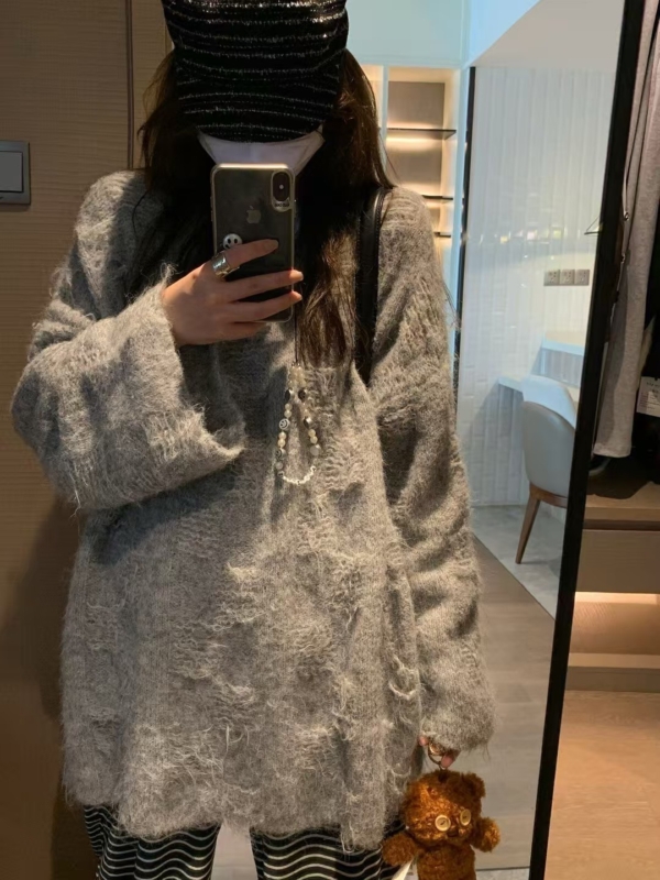 羊毛12%暗格長袖寬鬆毛衣