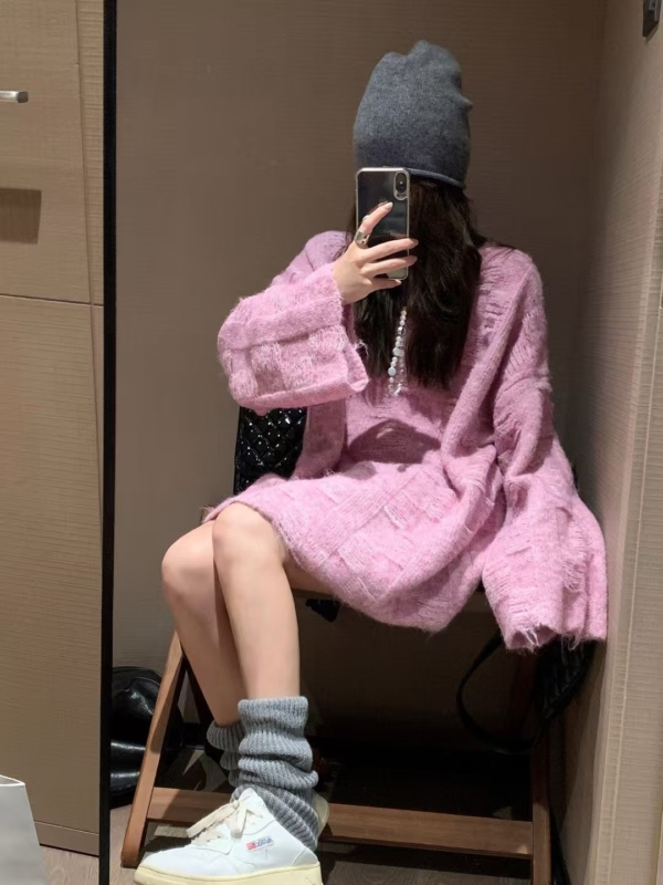 羊毛12%暗格長袖寬鬆毛衣