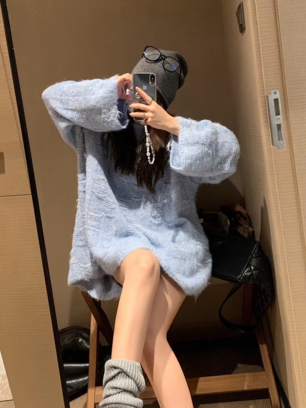 羊毛12%暗格長袖寬鬆毛衣