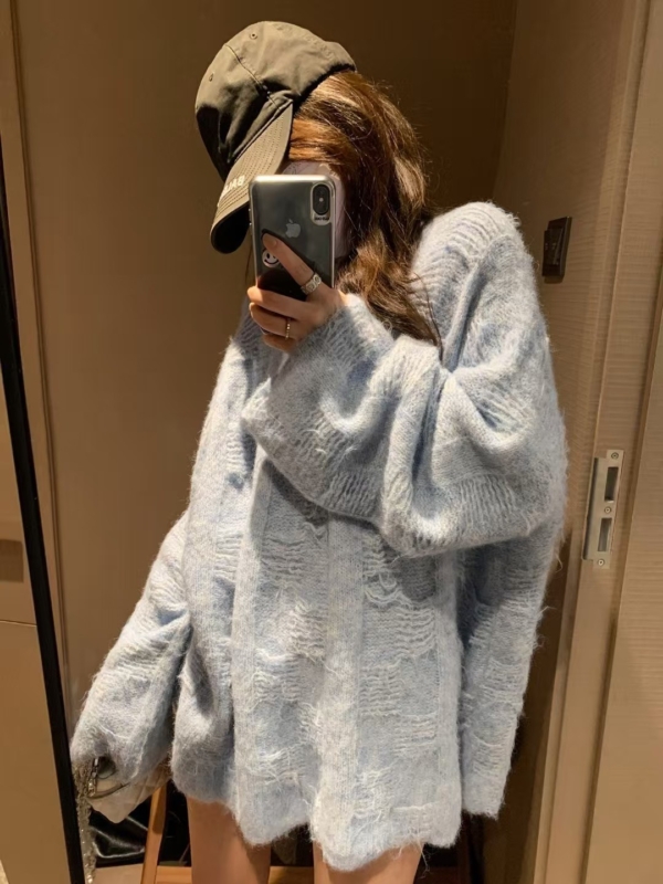 羊毛12%暗格長袖寬鬆毛衣