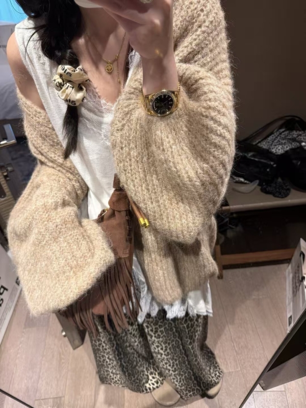 羊駝絨燈籠袖大開衫毛衣外套