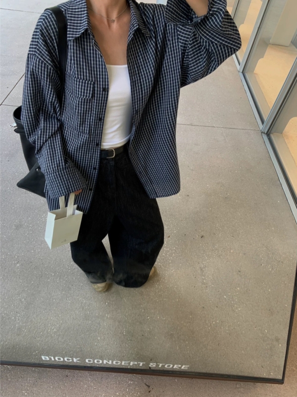 復古藏青色格紋襯衫寬鬆長袖