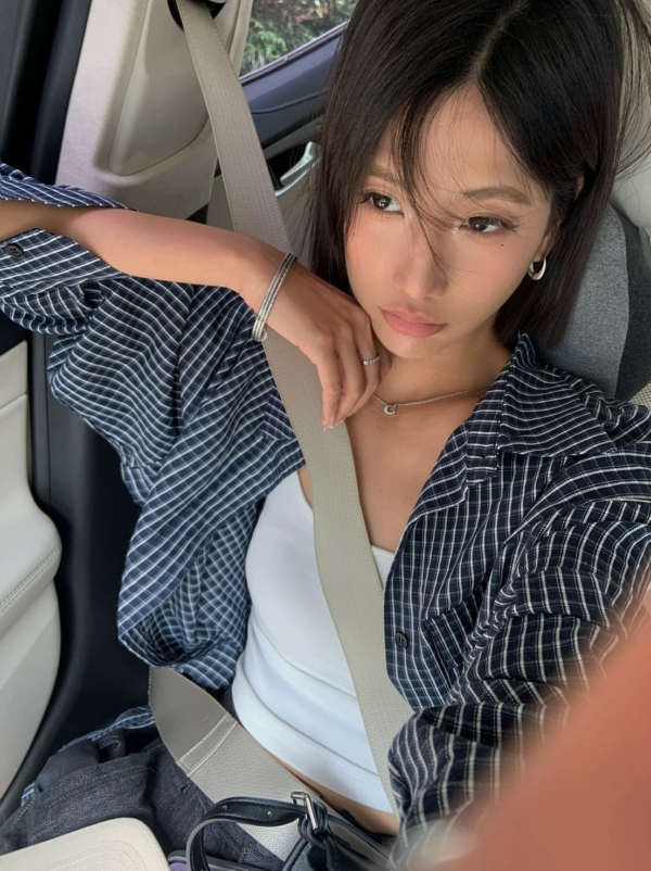 復古藏青色格紋襯衫寬鬆長袖