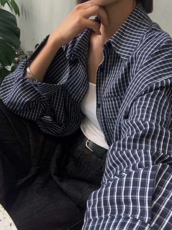 復古藏青色格紋襯衫寬鬆長袖