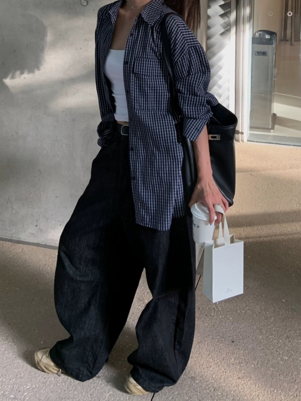 復古藏青色格紋襯衫寬鬆長袖