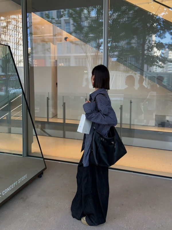 復古藏青色格紋襯衫寬鬆長袖