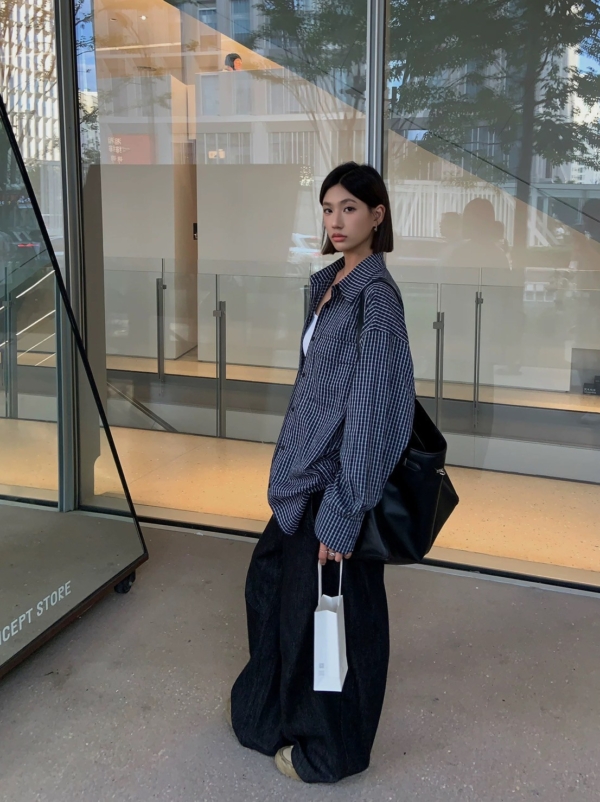 復古藏青色格紋襯衫寬鬆長袖