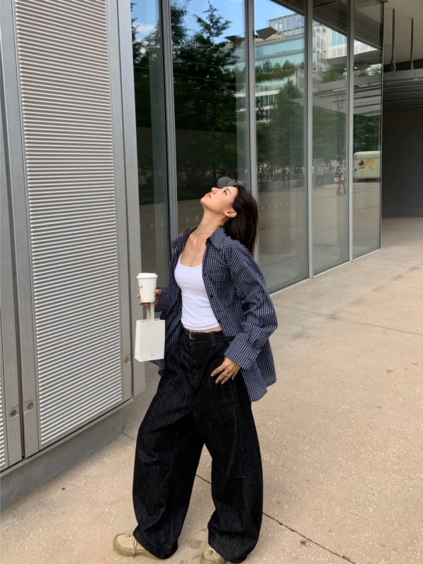 復古藏青色格紋襯衫寬鬆長袖