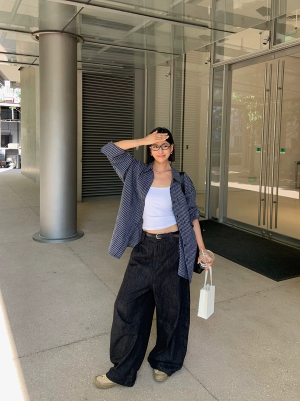 復古藏青色格紋襯衫寬鬆長袖