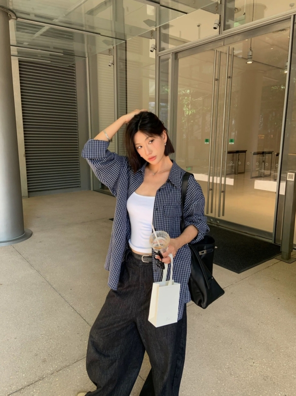 復古藏青色格紋襯衫寬鬆長袖