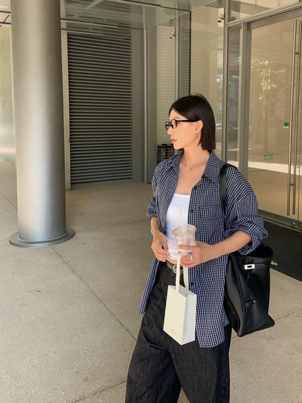 復古藏青色格紋襯衫寬鬆長袖