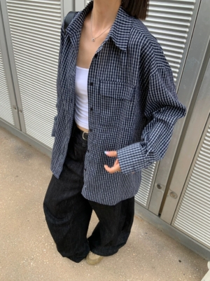 復古藏青色格紋襯衫寬鬆長袖
