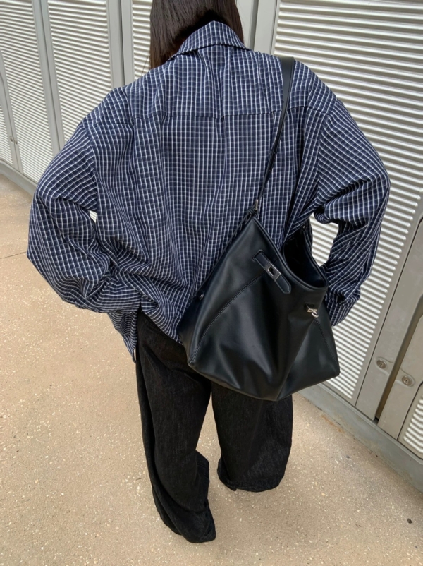 復古藏青色格紋襯衫寬鬆長袖